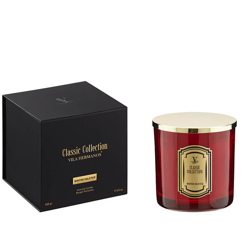 Vela perfumada Winter Solstice de 500g, liberando aromas dulces naturales que llenan el hogar de calidez, festividades y momentos acogedores, ideal para comprar velas aromáticas de invierno.